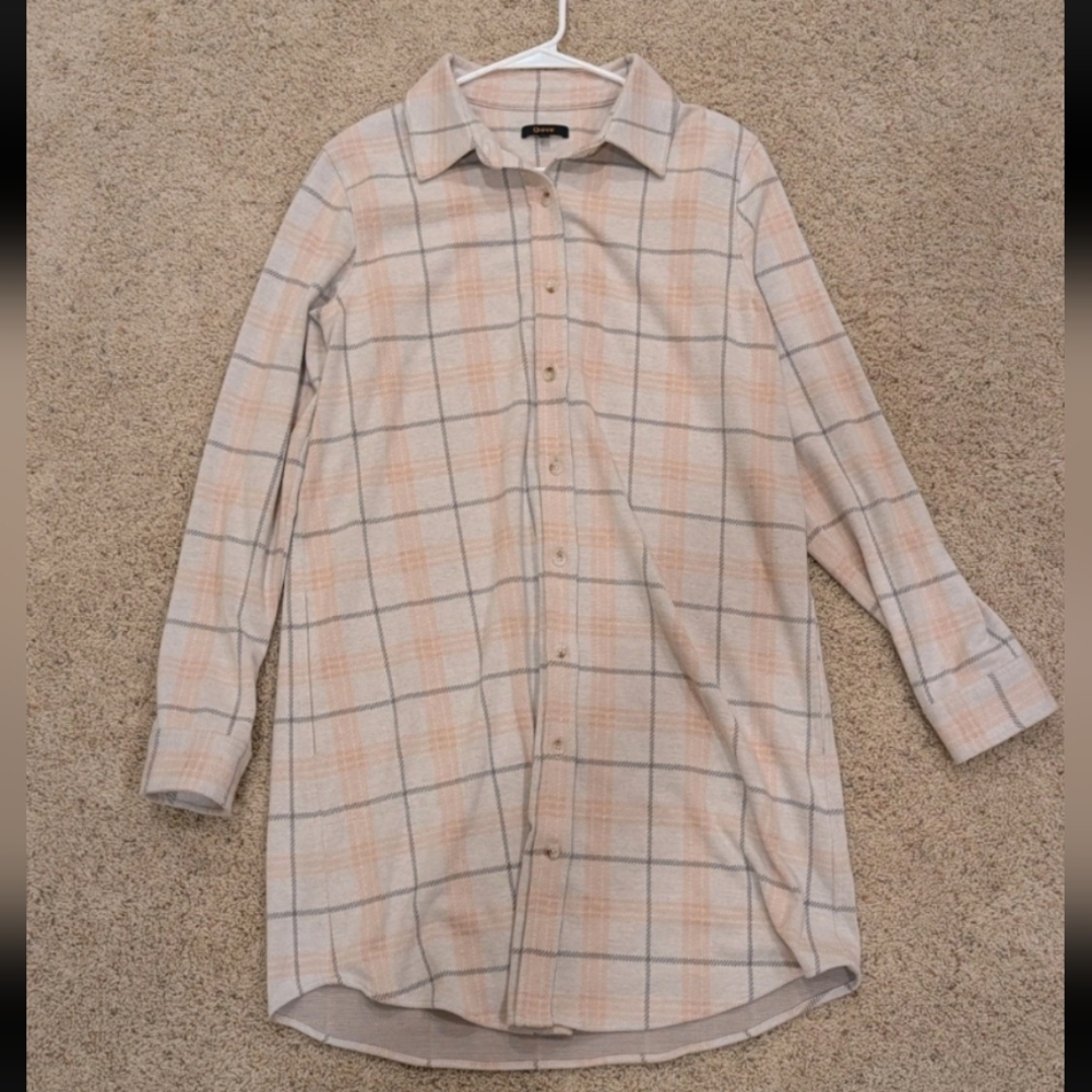 Quince Women's Flannel Shirt Dress Beige Stretch Size Large